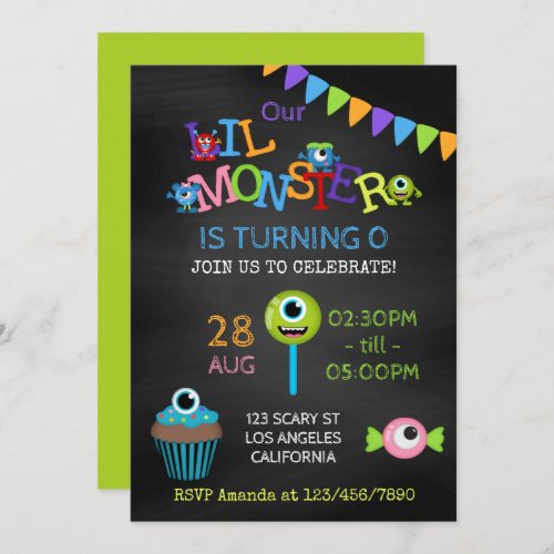 Little Monster any age Birthday Chalkboard Invitation