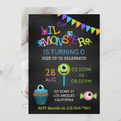 Little Monster any age photo birthday chalkboard Invitation