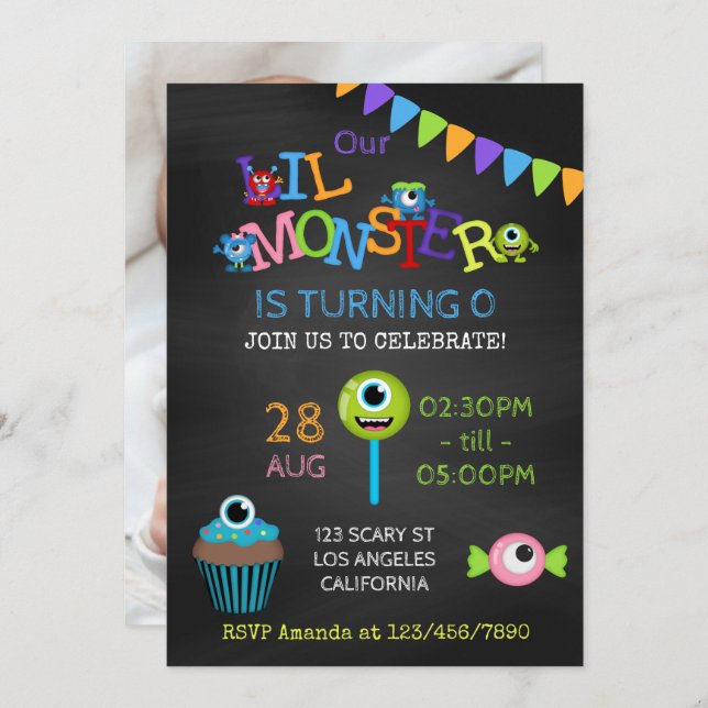Little Monster any age photo birthday chalkboard Invitation (Front/Back)