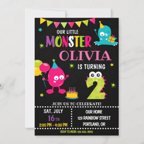 Little monster birthday invitation for girl