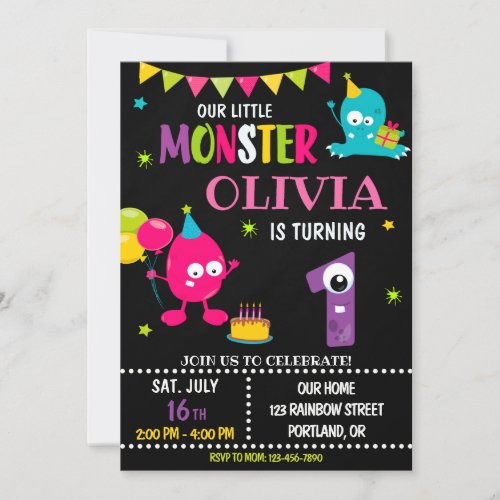 Little monster birthday invitation for girl