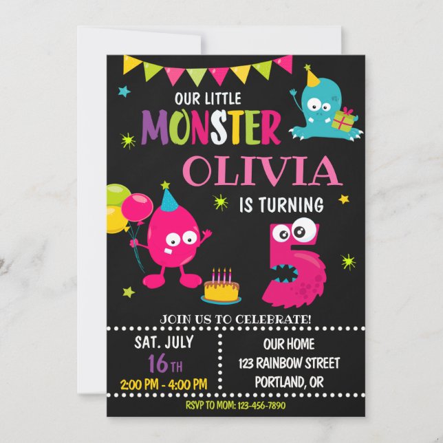 Little monster birthday invitation for girl (Front)