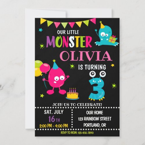 Little monster birthday invitation for girl