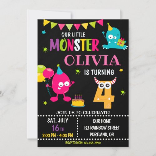 Little monster birthday invitation for girl