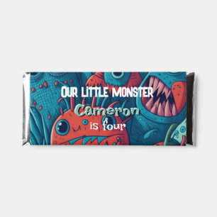Little monster birthday party blue red hershey bar favors