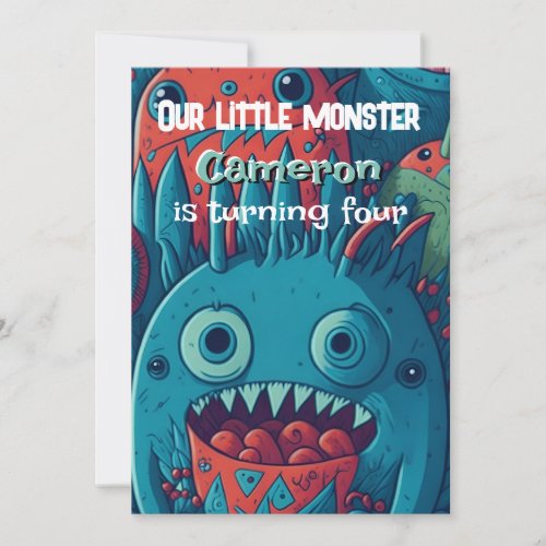 Little monster birthday party blue red invitation