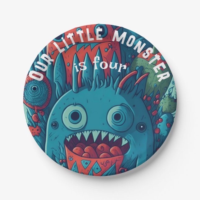 Little monster birthday party blue red paper plates (Front)