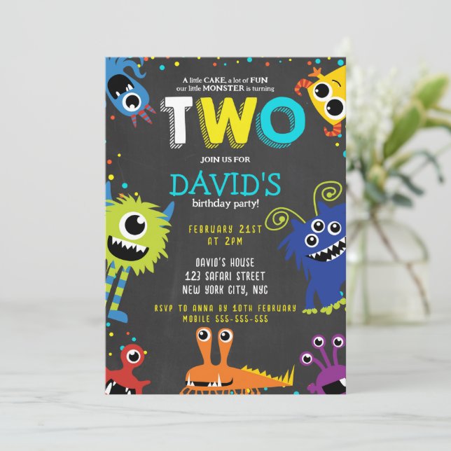 Little Monster Birthday Party Chalk 2nd Birthday Invitation (Standing Front)