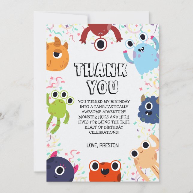 Little Monster Birthday Party for All Ages Thank You Card (Front)