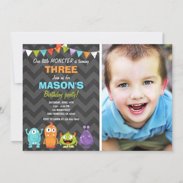 Little Monster Birthday Party Invitation Chalk (Front)