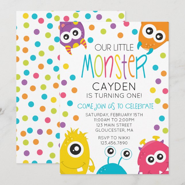 Little Monster Birthday Party Invite Polka Dots (Front/Back)