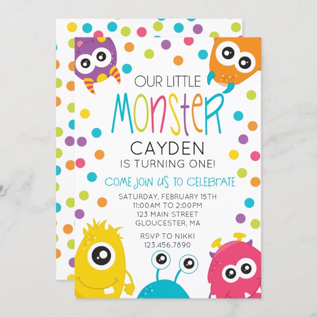 Little Monster Birthday Party Invite Polka Dots (Front/Back)