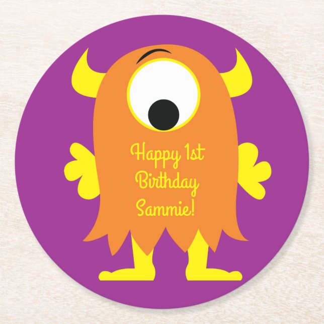 Little Monster Birthday Party Round Paper Coaster (Front)