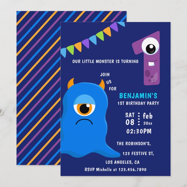 Little Monster Boy 1st Birthday Party Invitation (Front/Back)