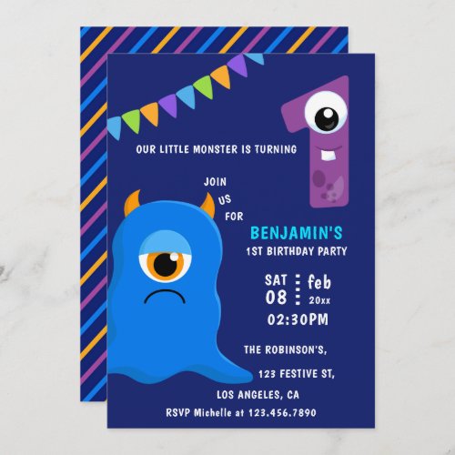 Little Monster Boy 1st Birthday Party Invitation