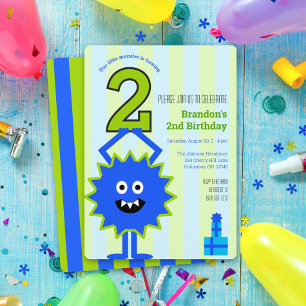 Little Monster Boy 2nd Birthday Blue Green Stripes Invitation