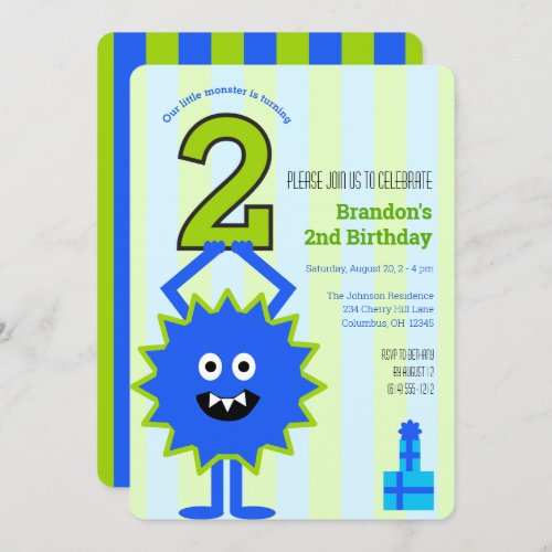 Little Monster Boy 2nd Birthday Blue Green Stripes Invitation