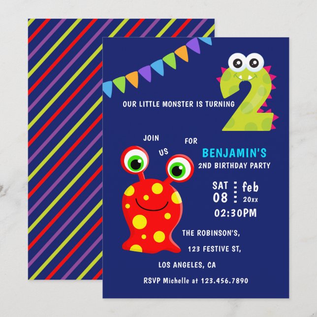 Little Monster Boy 2nd Birthday Party Invitation (Front/Back)