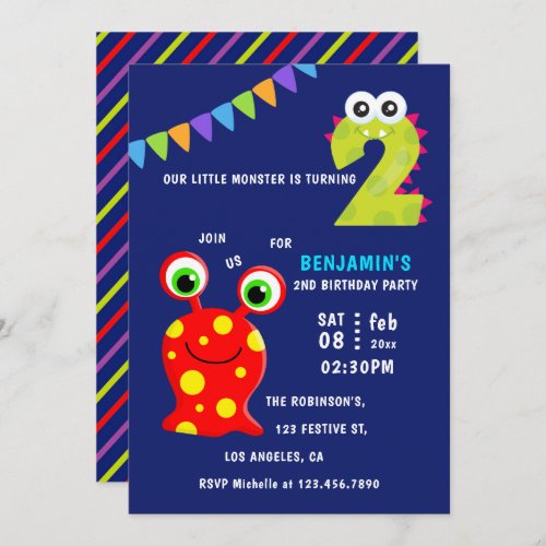 Little Monster Boy 2nd Birthday Party Invitation