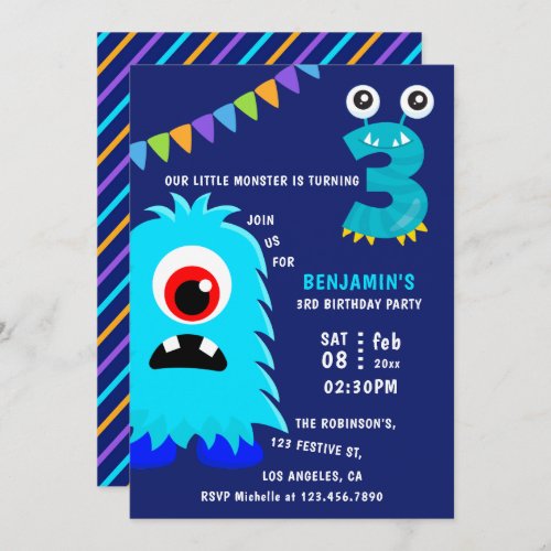Little Monster Boy 3rd Birthday Party Invitation