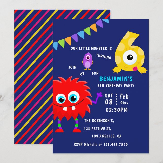 Little Monster Boy 6th Birthday Party Invitation (Front/Back)