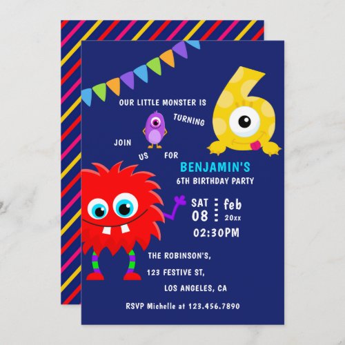 Little Monster Boy 6th Birthday Party Invitation