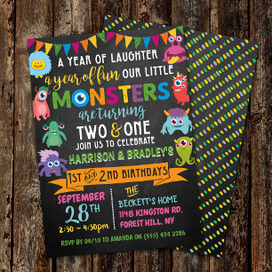 Little Monster Chalkboard 1st & 2nd Joint Birthday Invitation