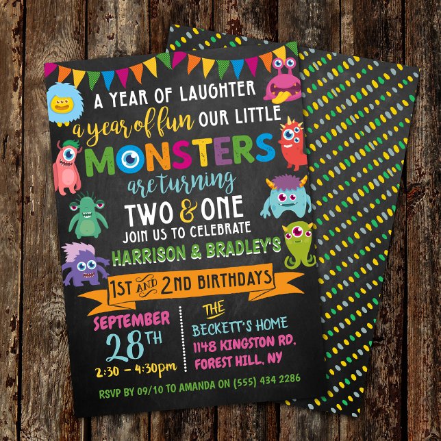 Little Monster Chalkboard 1st & 2nd Joint Birthday Invitation (Creator Uploaded)