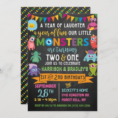 Little Monster Chalkboard 1st  2nd Joint Birthday Invitation
