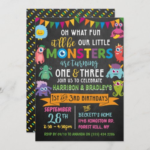 Little Monster Chalkboard 1st  3rd Joint Birthday Invitation