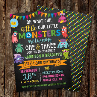 Little Monster Chalkboard 1st & 3rd Joint Birthday Invitation
