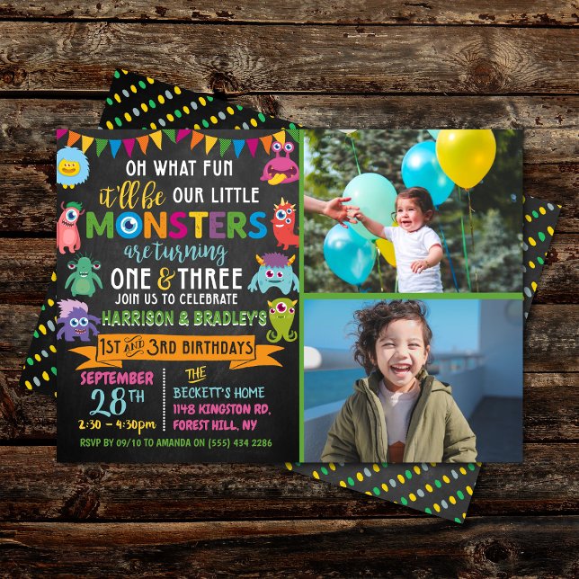 Little Monster Chalkboard 1st & 3rd Joint Birthday Invitation (Creator Uploaded)