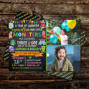 Little Monster Chalkboard 1st & 3rd Joint Birthday Invitation
