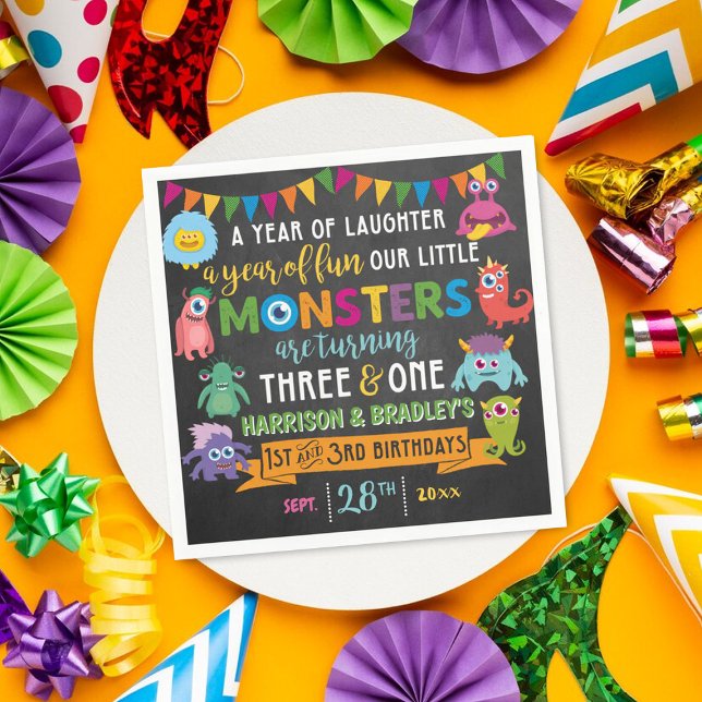 Little Monster Chalkboard 1st & 3rd Joint Birthday Napkins (Creator Uploaded)