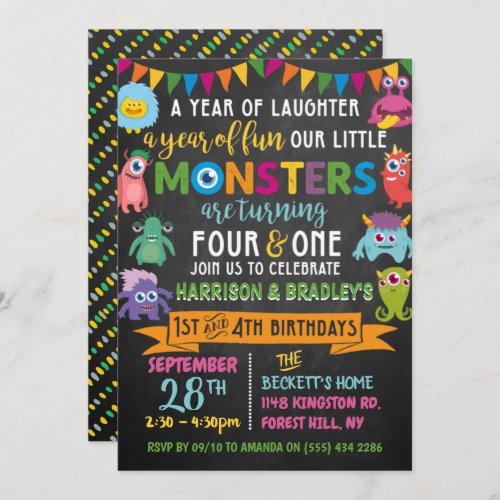 Little Monster Chalkboard 1st  4th Joint Birthday Invitation