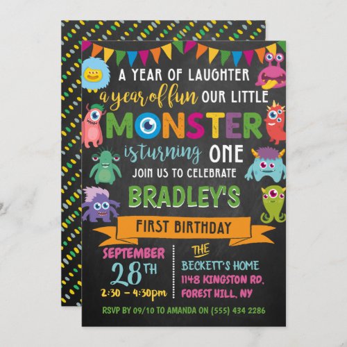 Little Monster Chalkboard 1st Birthday Invitation