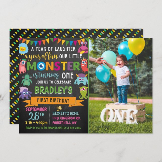 Little Monster Chalkboard 1st Birthday Photo Invitation (Front/Back)