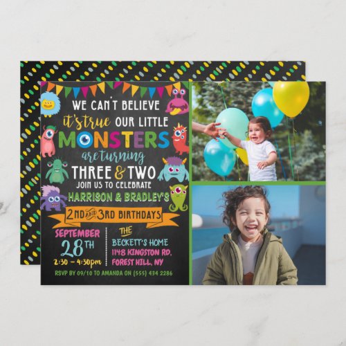 Little Monster Chalkboard 2nd  3rd Joint Birthday Invitation