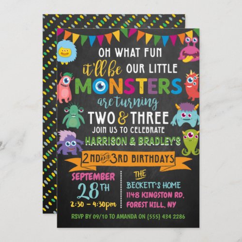 Little Monster Chalkboard 2nd  3rd Joint Birthday Invitation
