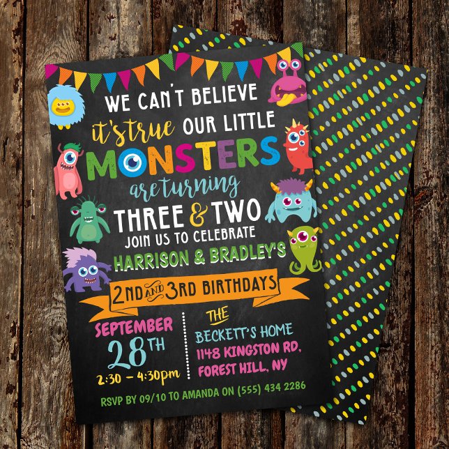 Little Monster Chalkboard 2nd & 3rd Joint Birthday Invitation (Creator Uploaded)