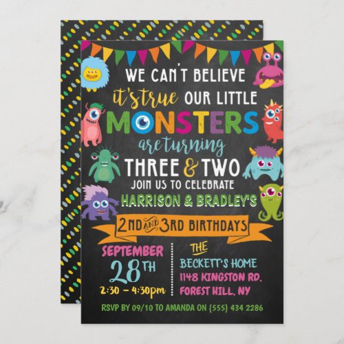 Little Monster Chalkboard 2nd  3rd Joint Birthday Invitation