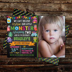 Little Monster Chalkboard 2nd Birthday Photo Invitation