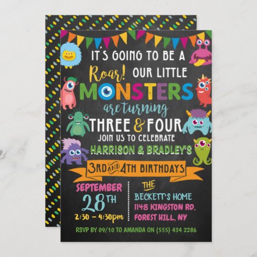 Little Monster Chalkboard 3rd  4th Joint Birthday Invitation