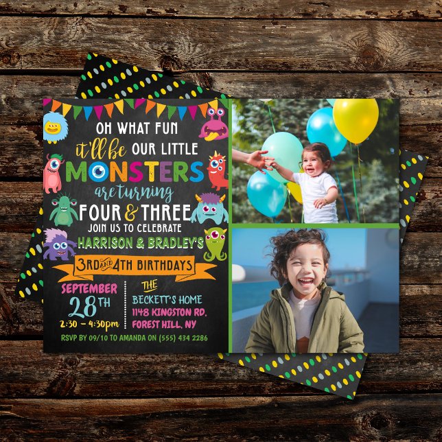 Little Monster Chalkboard 3rd & 4th Joint Birthday Invitation (Creator Uploaded)