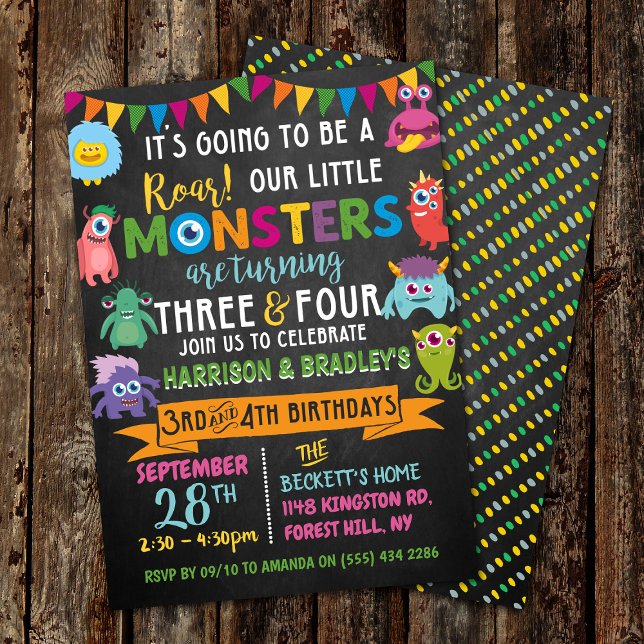Little Monster Chalkboard 3rd & 4th Joint Birthday Invitation (Creator Uploaded)