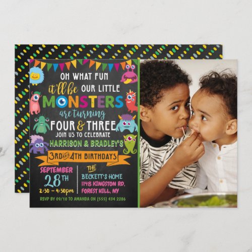 Little Monster Chalkboard 3rd  4th Joint Birthday Invitation