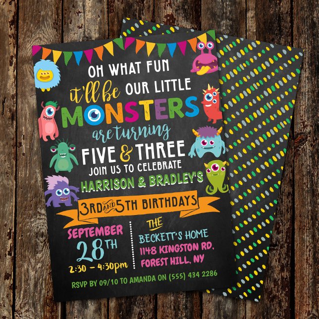 Little Monster Chalkboard 3rd & 5th Joint Birthday Invitation (Creator Uploaded)