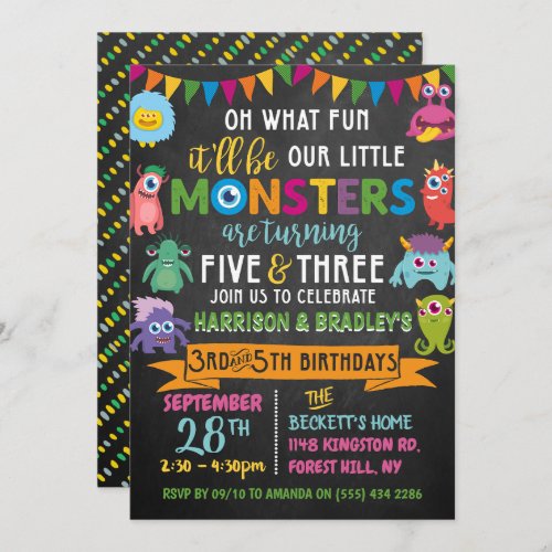 Little Monster Chalkboard 3rd  5th Joint Birthday Invitation