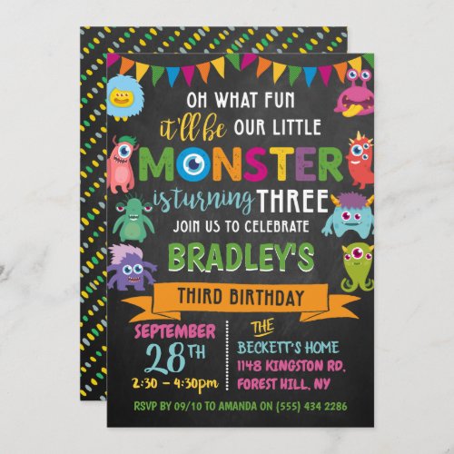 Little Monster Chalkboard 3rd Birthday Invitation
