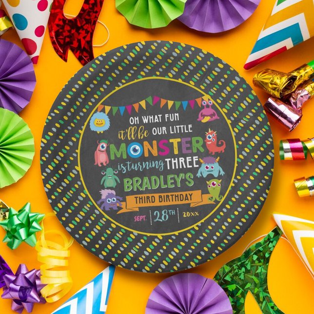 Little Monster Chalkboard 3rd Birthday Party Paper Plates (Creator Uploaded)
